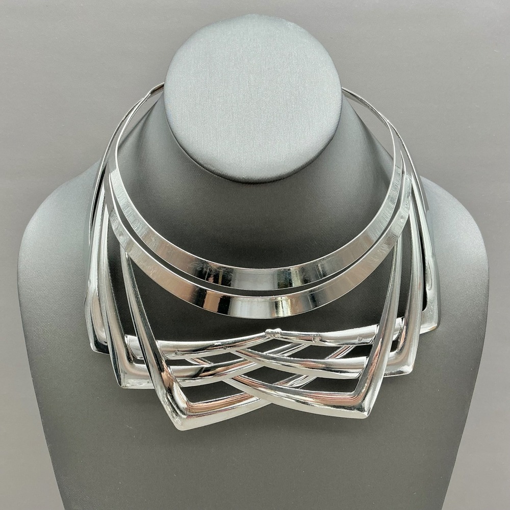 Geometric Statement Collar Necklace Silver Tone Layered V-Shape Bib Jewelry